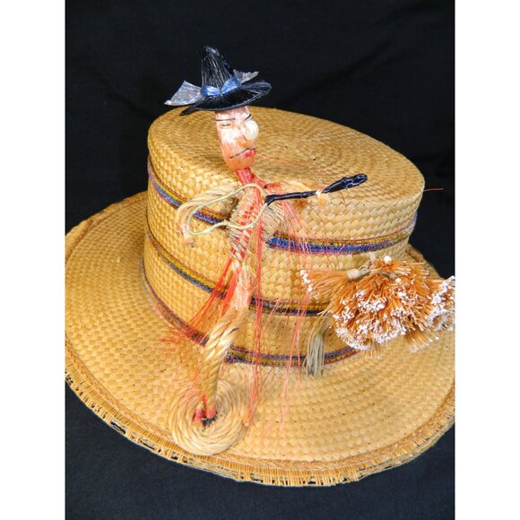Vtg Italian Straw Hat With Figurine & Accents 1950s Boater Gatsby Autumn Fall - Picture 2 of 16